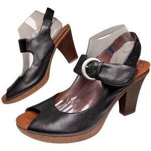 Naya‎ Arvada Black Leather Slingback Peep Toe Block Heel Sandals 10M Boho